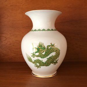 Vintage Hand Painted White Porcelain with Green & Gold Dragon Vase